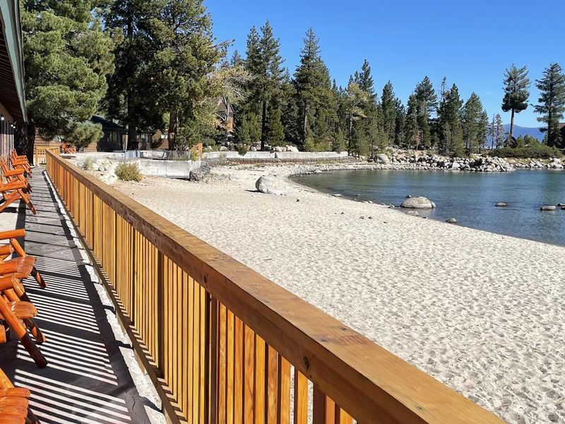 Enjoy the view of Lake Tahoe from the deck of the Lodges