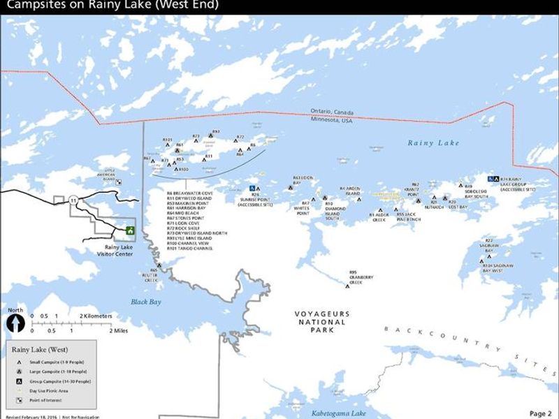 Map of all campsites on the west side of Rainy Lake. All campsites must be accessed by water.