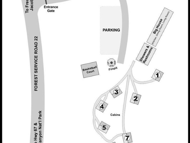 The site map depicts the location of the community areas and the individual cabins. 
