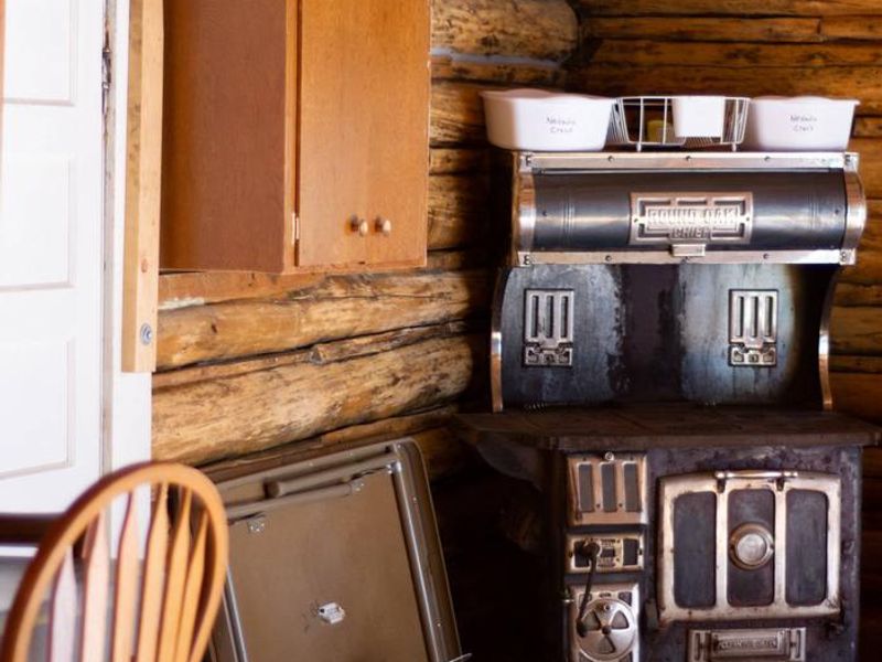old cook stove next to back door 