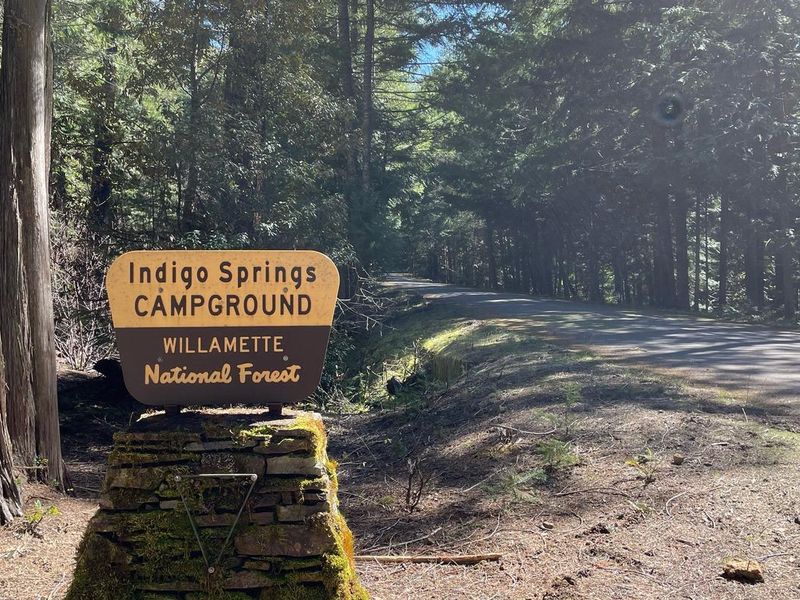 The entrance sign to Indigo Springs can be seen easily from Forest Service Road 21 and leads directly into the small campground.
