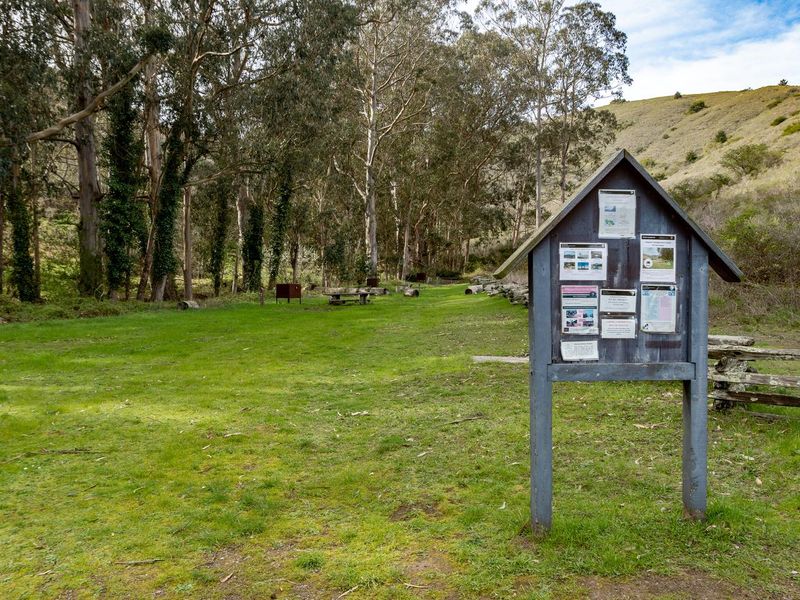 Bulletin board and Sites 3, 4, and 5 at Haypress Campground.