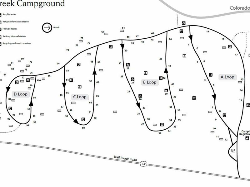 This is a map of Timber Creek Campground, divided into four loops (A-D) with numbered campsites. It shows key facilities like restrooms, water stations, food storage lockers, firewood sales, and an amphitheater. Accessible sites and a ranger station are also marked. The campground is near the Colorado River, with nearby trails leading to the Holzwarth Ranch Historic Site. Trail Ridge Road (Hwy 34) provides access, and the map is oriented with north at the top.