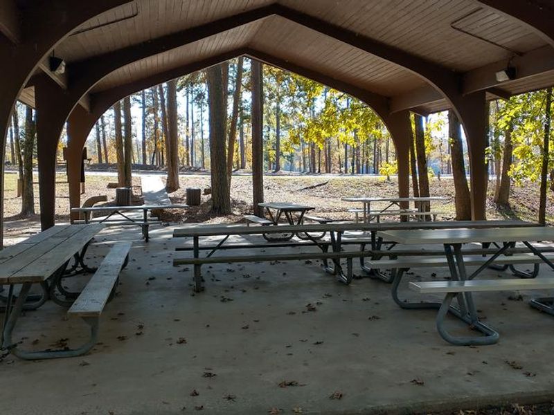 View from under pavilion facing parking lot