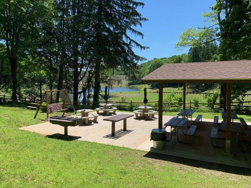 New shelter, completed in 2019 with a small stone patio containing concrete picnic tables and a swing