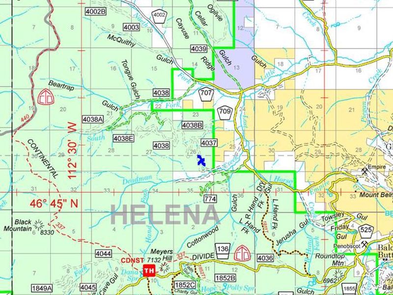Map of general vicinity to show nearby private lands (white) within the boundary of the Helena Ranger District (green) near the Lost Horse cabin (blue x). Respect private property and it is your responsibility to know whether you are on public or private lands.