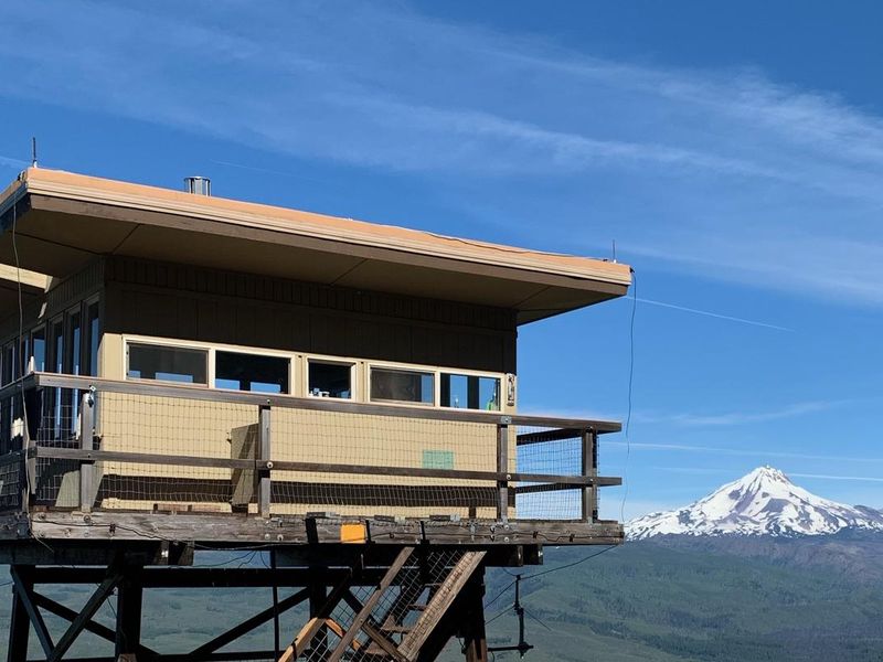 Lookout building near pine tree with mountains in background.