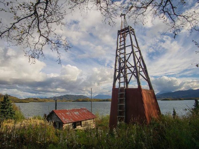 Fure's Cabin and windmill, located in the Bay of Islands, Naknek Lake. Fure's Cabin is not a substitute for the Brooks Camp campground and is located a full day's paddle away.