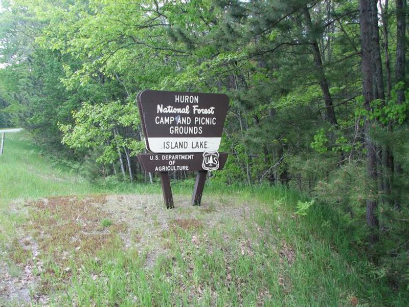 The Island Lake Campground entrance sign