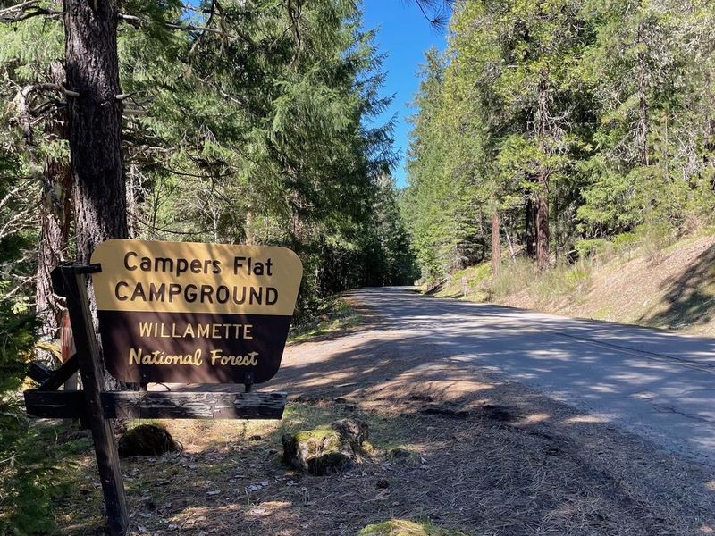 The entrance sign for Campers Flat can be easily seen from Forest Service Road 21 and leads directly to the campground gate.
