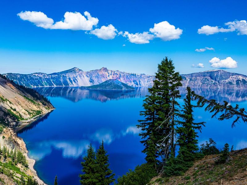 A view of Wizard Island from the rim of Crater Lake.