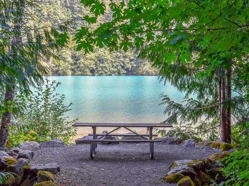 View of Diablo Lake from a lakeside campsite at Colonial Creek South Campground.