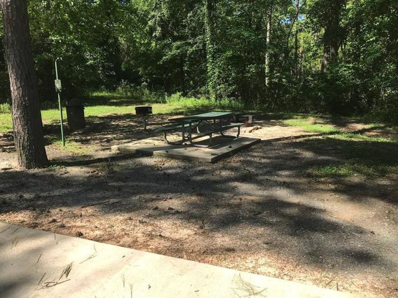 Shaded Class A Campsite #8. RV pad, water, and 20/30/50 AMP electric hook-ups as well as basic campsite amenities including a picnic table, lantern post, fire ring, trash can and grill.