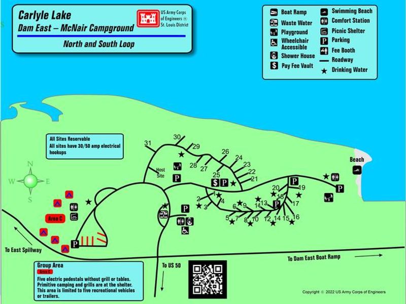 Map of Dam East - McNair Campground layout.