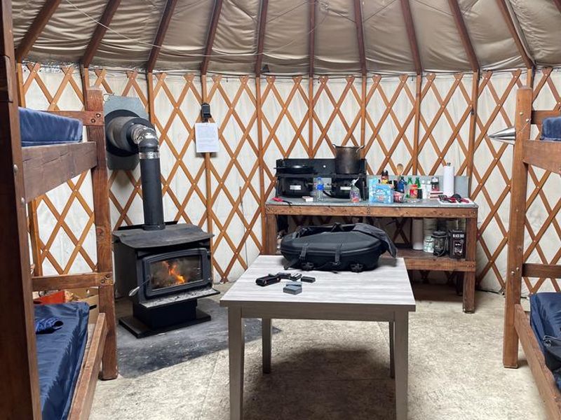 Inside the Yurt (see stove, propane powered grills, skillet, pot, and other ammenities).