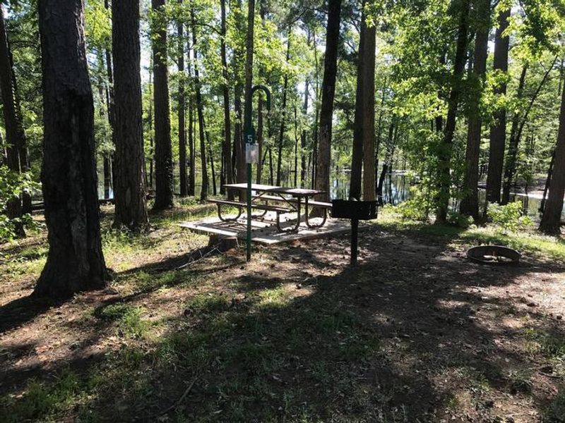 Campsite #5. Tent site with the following amenities: fire-pit, grill, picnic table, lantern pole, trash can.