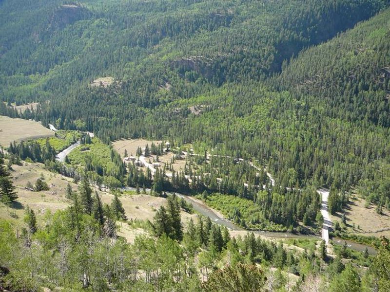 Aerial view of Mill Creek campground and Lake Fork of the Gunnison River.