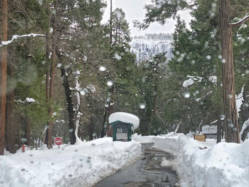 Upper Pines kiosk buried under snow.