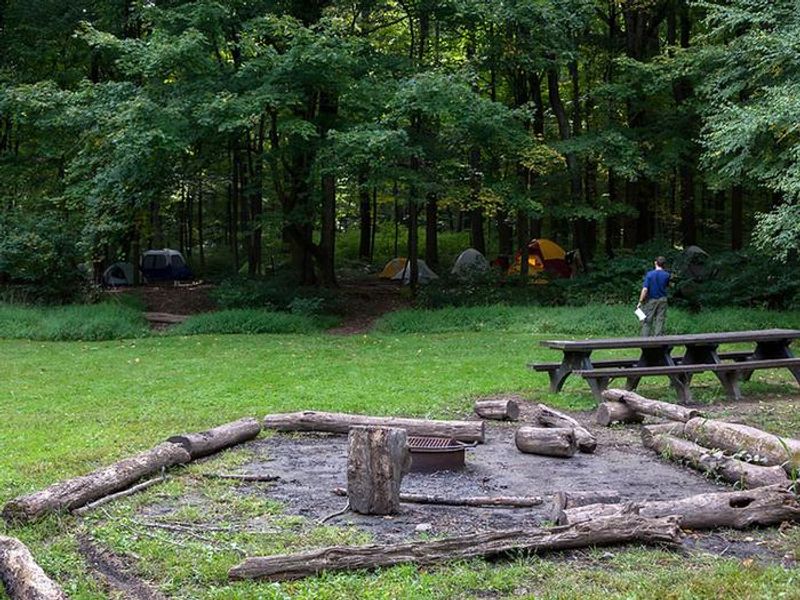 Each of the 3 group sites can accommodate 25 youth.  There are 2 shared pit toilet buildings, a pavilion, potable water, fire-rings and grills.  Firewood is available onsite.