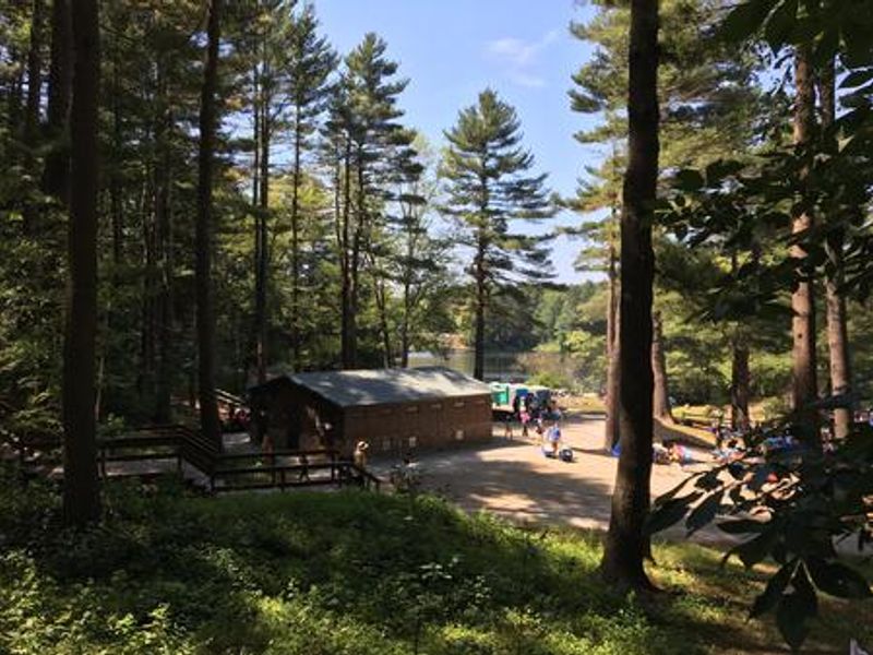 View of the restrooms at Buffumville Lake Park from the grove picnic sites