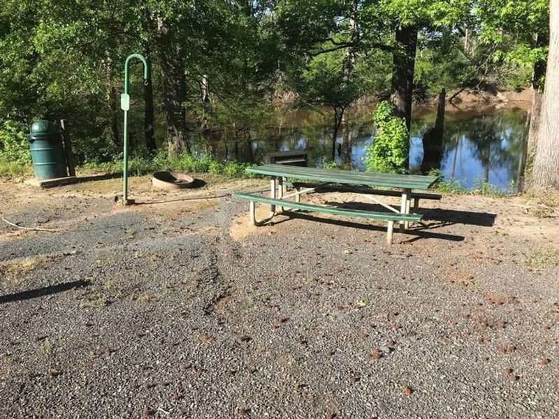 Campsite #2. Tent site with the following amenities: fire-pit, grill, picnic table, lantern pole, trash can.  Located along bayou.