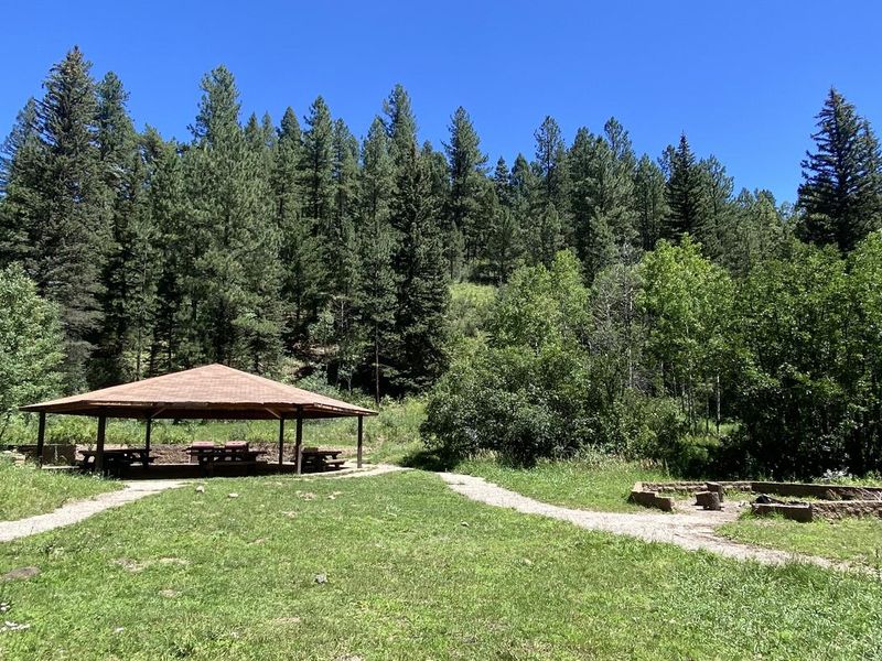A ramada next to campfire is surrounded by conifers and aspen in a sunny meadow.