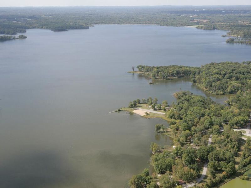 Aerial View of a portion of the campground and Crab Orchard Lake