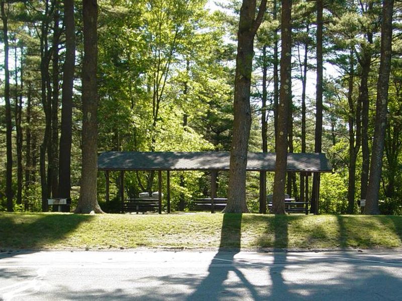 View of the Barre Falls Dam Picnic Shelter from across the parking lot.