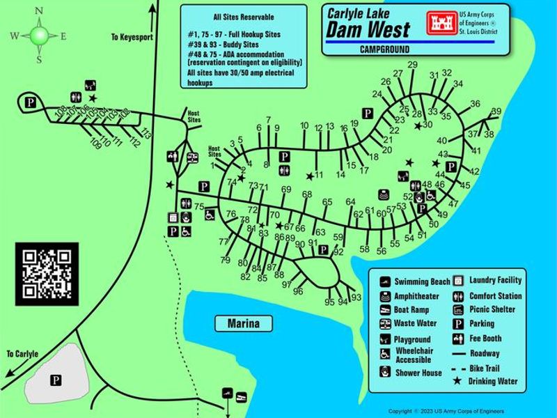 Map of Dam West Campground layout.