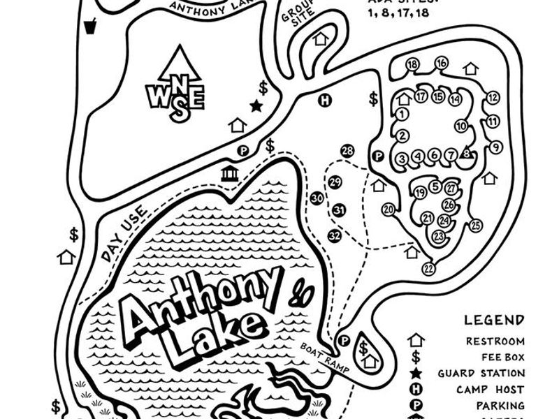 Full Map of Anthony Lake Campground 

We do have First Come First Serve Sites, here is a list of first come first serve sites:
Drive In R.V. Sites: 9, 10, 11, 12, 15, 17, 21, 23, 25, 27
Walk up Tent Sites: 28, 29, 30, 31, 32, 33, 34, 35, 36, 37, 38, 39, and site 0