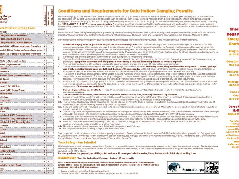 DALE HOLLOW LAKE PRIMITIVE CAMPING MAP INFORMATION SIDE