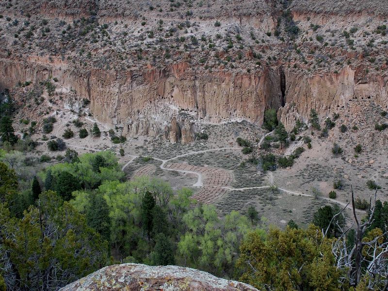 View into Frijoles Canyon overlooking the ancestral Puebloan village of Tyuonyi 