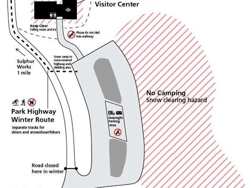 Oversnow tent camping is located south of the parking area in the winter months, approximately November through May.