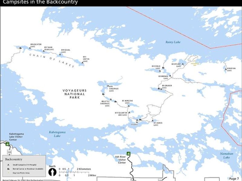 Map of all backcountry campsites in Voyageurs. All campsites must be accessed by water. Backcountry campers should expect to boat across Kabetogama, Namakan, or Rainy Lake, then hike and/or paddle a canoe located on one of the small interior lakes to get to their campsite.