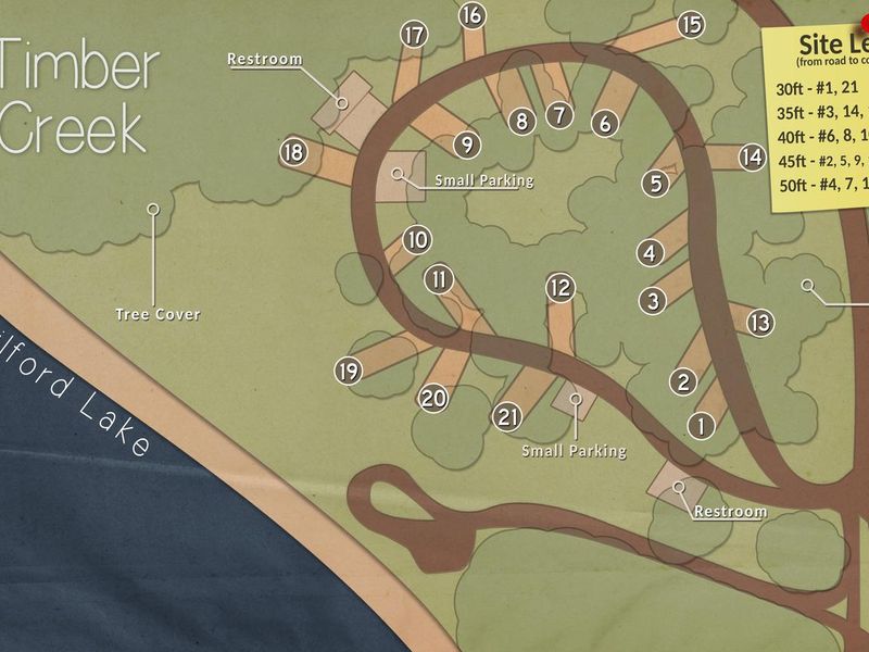 Digital Map of Timber Creek showing site location, site length, and approximate shade areas.