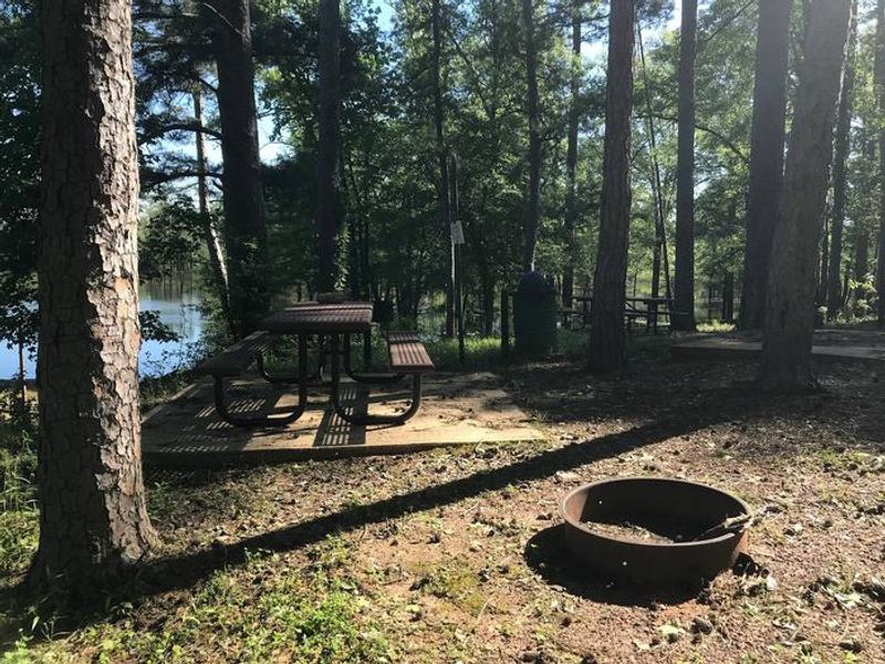 Campsite #3. Tent site with the following amenities: fire-pit, grill, picnic table, lantern pole, trash can.