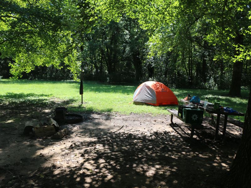 A tent camping site at Carver Campground.