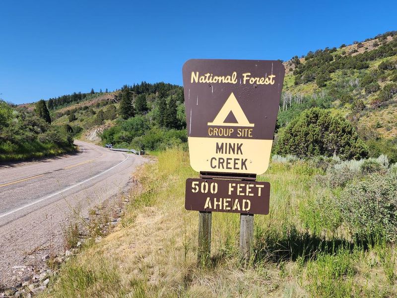 The sign alerting drivers to Mink Creek's entrance