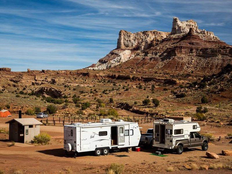 Campsite at the townsite, with Temple Mountain in the background.