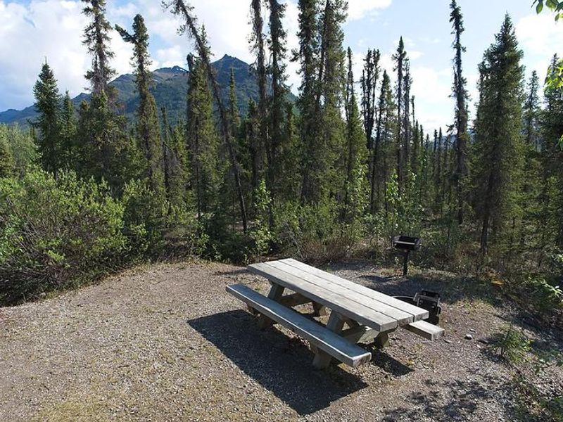 Campsite in Marion Creek Campground with nearby mountains in the background.