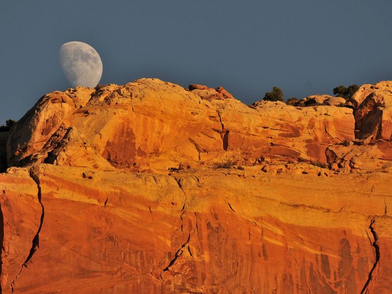 Moonrise over Capitol Reef.  Photo taken from Fruita Campground