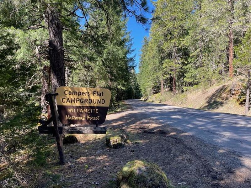 The entrance sign for Campers Flat can be easily seen from Forest Service Road 21 and leads directly to the campground gate.