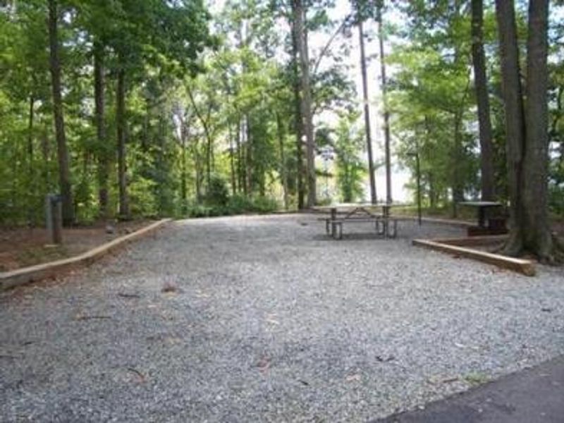This is another campsite in Longwood. This site has a picnic table, utility table, grill/fire ring, lantern post and electric pedestal and water spigot. 