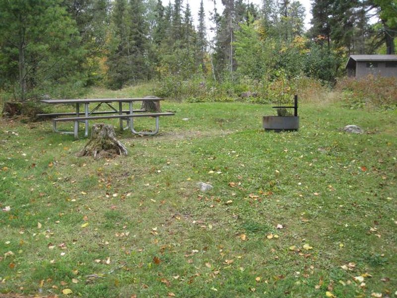 Picnic site with table and fire ring, located near parking area.