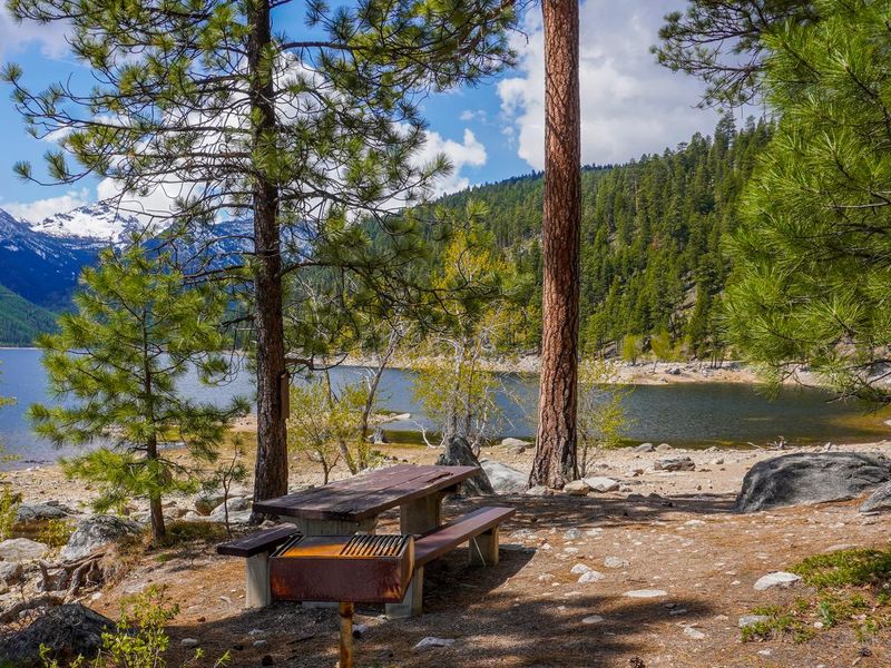 Picnic Table at Lake below Cabin