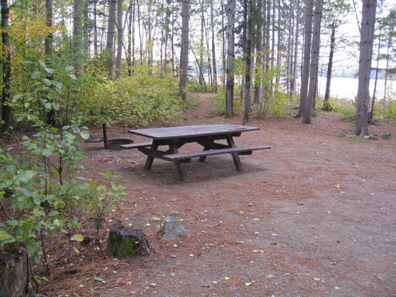Typical campsite picnic table with fire ring.  Some campsites have direct access to the lake.