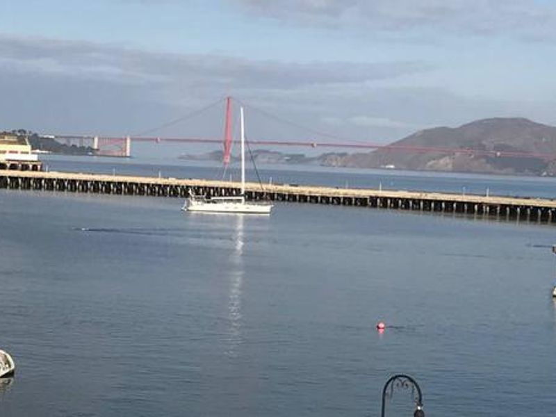 An image of Aquatic Park Cove looking west from the hurricane deck of the National Historic Landmark steam ferry Eureka.