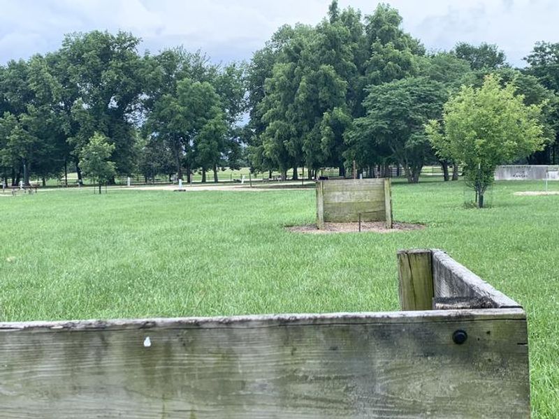 Horseshoe pits are installed in a centralized location within the Rockhaven campground.