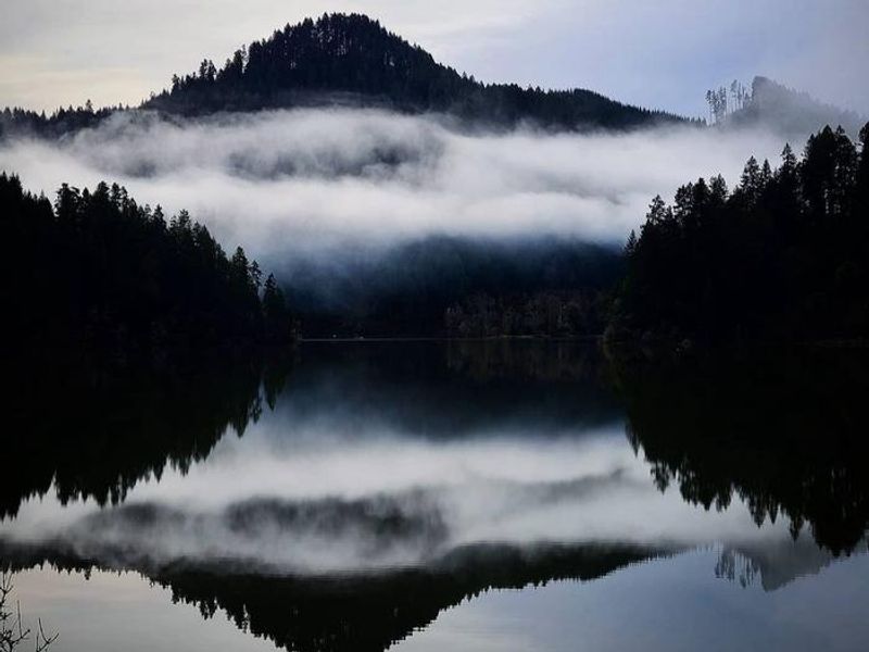 A view of Loon Lake with fog settling in above the lake.