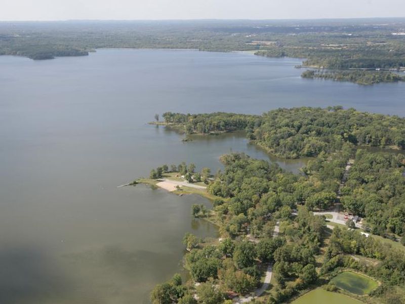 Aerial View of a portion of the campground and Crab Orchard Lake